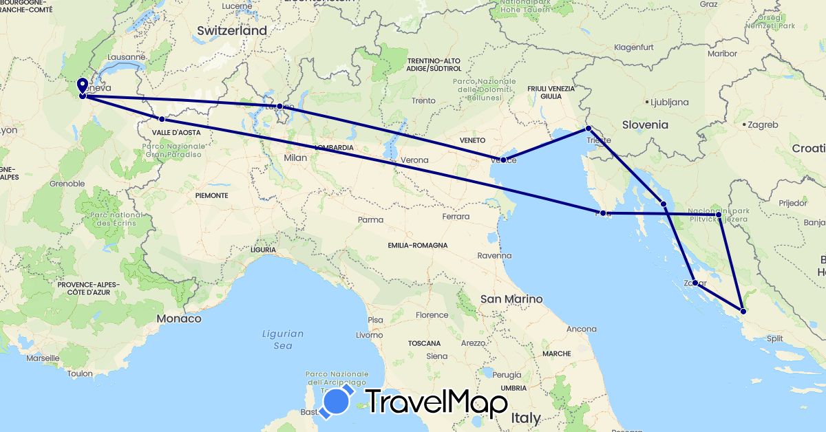 TravelMap itinerary: driving in Switzerland, France, Croatia, Italy (Europe)